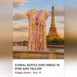 Maggie Sweet Floral Ruffle Midi Dress in Pink and Yellow